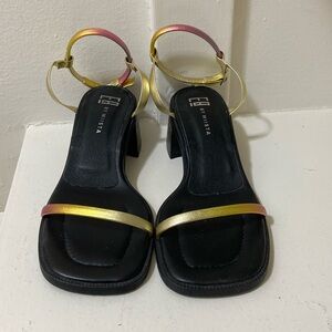 E8 by Miista Iridescent Gold to Pink Gradient Strap Block Heel Sandals